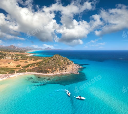Preview: Aerial view of luxury yachts on blue sea at sunny day in summer