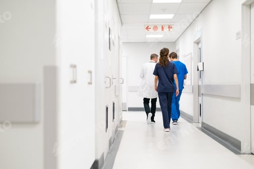 Preview: Doctor and surgeon walking and discussing case at hospital