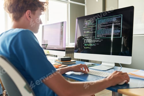 Preview: Boy Sitting at Desk with Computer Typing Code IT Class in School