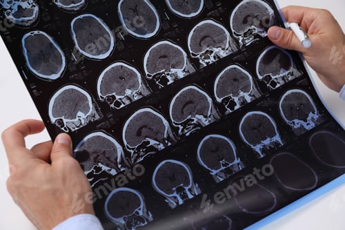 Preview: Doctor examining MRI images of patient with multiple sclerosis at white table, closeup