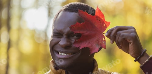 Preview: Banner Close up portrait of funny african american man covering his face with autumn maple leaf with