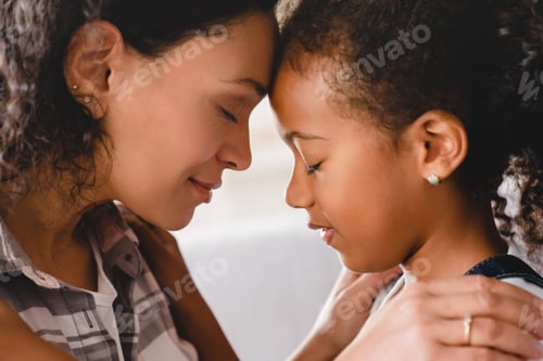 Preview: Mother and daughter hugging embracing sharing love and care. Motherhood. Happy Mother`s day!