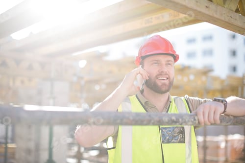 Preview: Construction worker on cell phone on construction site