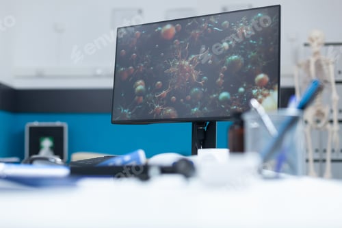 Preview: Empty medical office with nobody in it having virus cell illustration