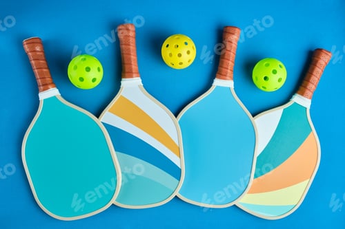 Preview: image from above of some pickleball paddles with some balls next to them on a blue background