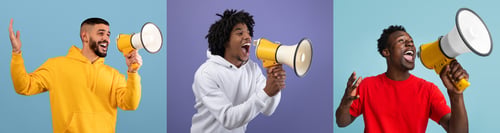 Preview: Announcement Concept. Excited Black Males Shouting With Megaphone