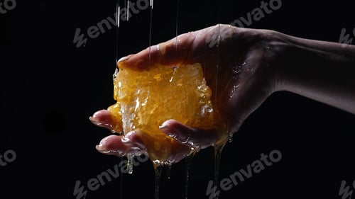 Preview: Woman hand with honeycombs full of honey. Dripping, pouring tasty sweet fluid