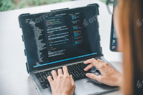 Preview: Female programmer working on coding, software development and web design.