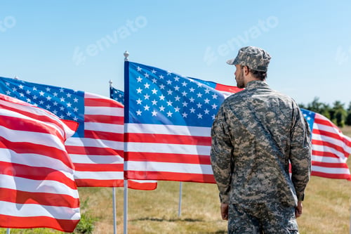 Preview: man in military uniform and cap standing near american flags