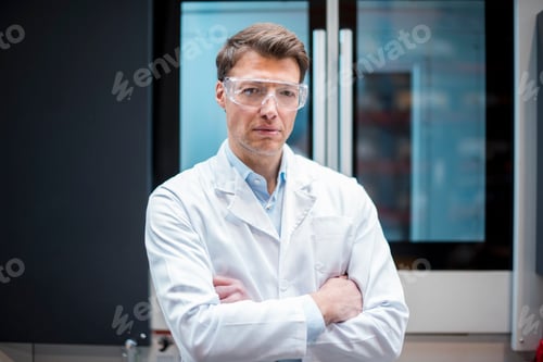 Preview: Portrait of man wearing lab coat and safety goggles at machine