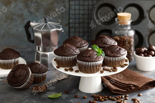 Delicious Chocolate Muffins with Coffee Beans and Mint