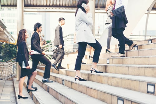 Preview: Team leadership business people walking together city life. Group of business team leader power