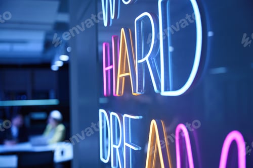 Preview: Close-up neon phrase on the wall in the office