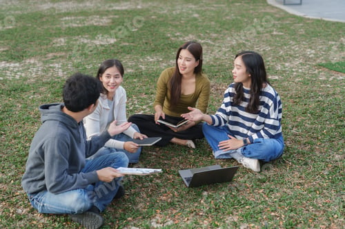 Preview: Young asian students collaborating outdoors on a group project