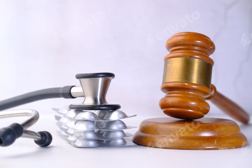 Preview: close up of gavel, medicine and stethoscope on table