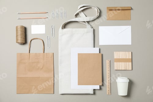 Preview: Mockup. Corporate stationery with paper and tote bag on grey background. Flat lay