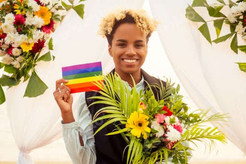 Preview: afro american woman in black the groom suit waiting her bride near wedding