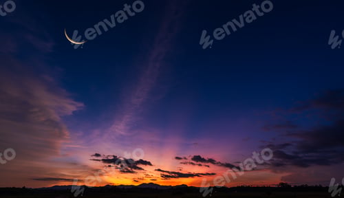 Preview: Crescent moon on dusk sky sunset after sun down twilight over hill, Horizon landscape countryside