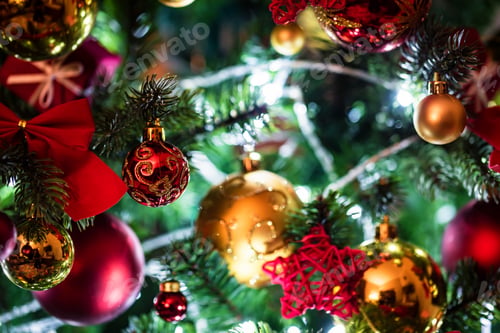 Preview: Colorful Christmas balls and bows on the christmas tree