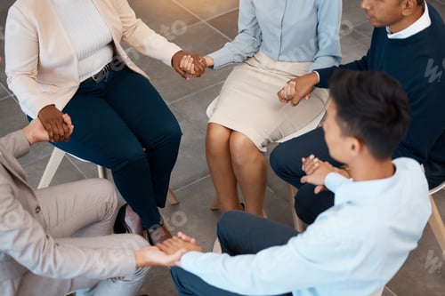 Vista previa: Support, holding hands and business people in team building, therapy group or mental health work co