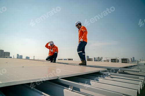Preview: Workers install solar panels on a rooftop in a sunny urban environment