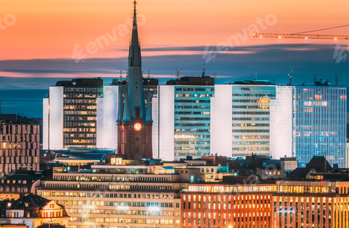 Preview: Stockholm, Sweden. View Of St. Clara Or Saint Klara Church And Houses In Twilight Dusk Lights