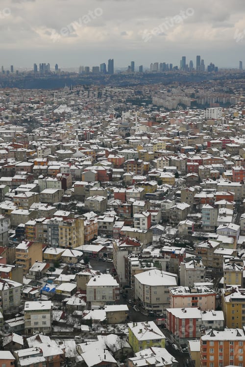 Preview: top view of Snowfall on buildings in istanbul city