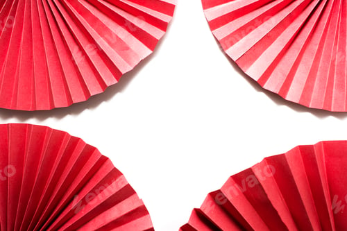 Preview: Red circle handmade paper fans on white background. Chinese New Year 2023 background