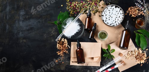 Preview: Alternative Herb Medicine. Herbal Medicine And Homeopathy Concept. Top View