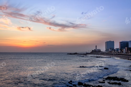 Preview: Sunset at Barra Beach with Farol da Barra (Barra Lightouse) on Background - Salvador, Bahia, Brazil