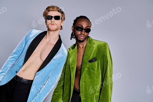 Stylish Men Posing in Velvet Jackets and Sunglasses