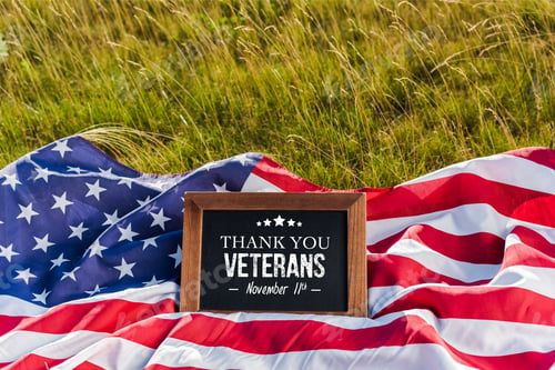 Preview: blank chalkboard with thank you veterans illustration on american flag with stars and stripes on