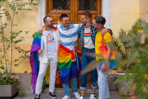 Preview: Lgbt concept, portrait of gay men friends having fun at gay pride party, diversity of young people