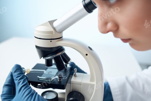 Preview: female doctor sitting at the table microscope research biotechnology light background