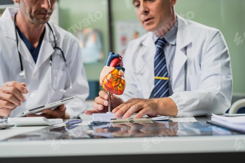 Preview: Caucasian middle-aged male doctor Italian scientific researcher are seated at desk, discussing