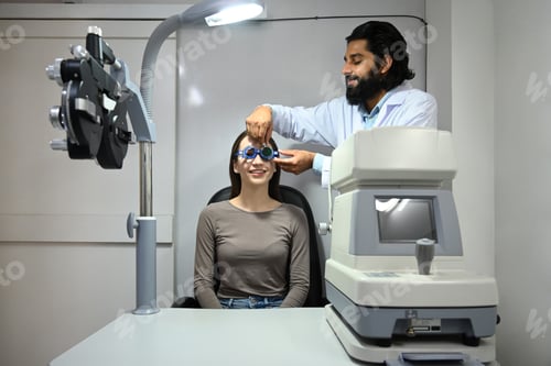 Preview: Young woman wearing in ophthalmology equipment examining eyesight with ophthalmologist in clinic.