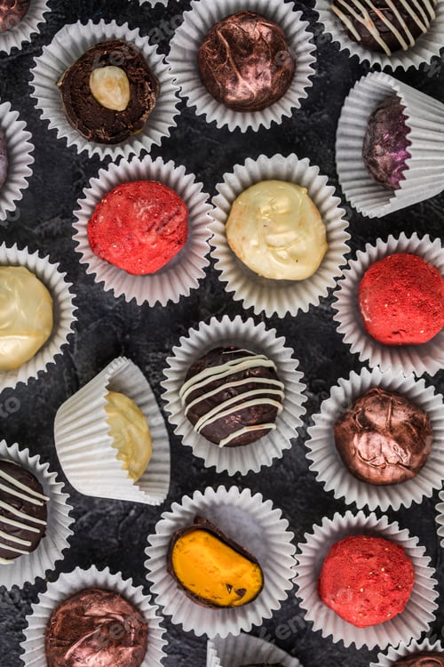 Preview: Various chocolate candies on a black. Delicious chocolate truffles with cinnamon, anise, and coffee