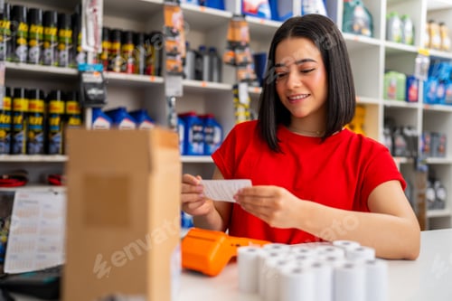 Preview: Woman cashier smiling while checking a receipt at a retail store