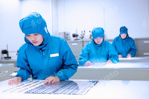 Preview: Technicians meticulously analyzing circuit boards in a cleanroom.