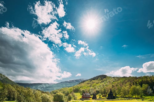 Preview: Borgund, Norway. Famous Landmark Stavkirke An Old Wooden Triple Nave Stave Church In Summer Day