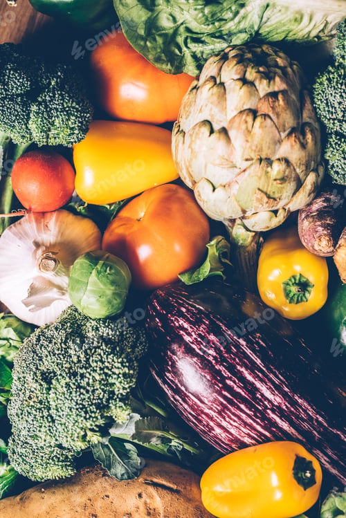 Preview: Vegetables, best health foods, radishes, onions, garlic, peppers, cabbage, broccoli.