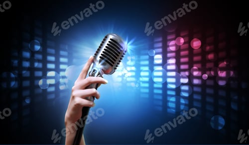 Preview: Single Retro Microphone Against Colourful Background With Lights