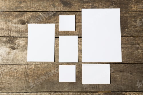 Preview: Different sizes of blank papers displayed on a rustic wooden surface