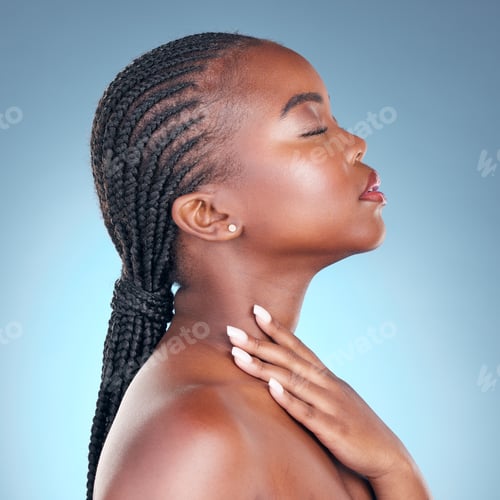 Preview: Skin care, beauty and face of a black woman with dermatology, natural makeup and manicure. Profile