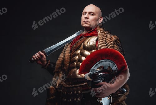 Preview: Bald legionary with fur holding helmet with sword