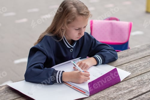 Preview: upset, teenage girl leaning over notebook with difficult task, can't solve it on her own, education