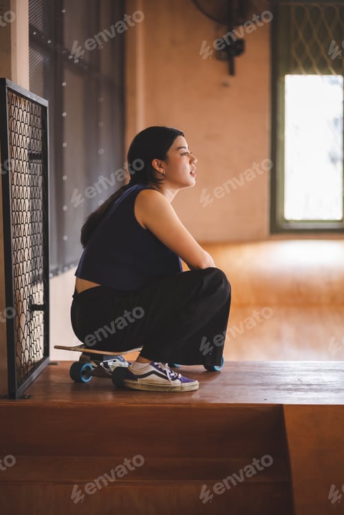Preview: young woman playing extreme skateboard, skate sport lifestyle in urban hobby