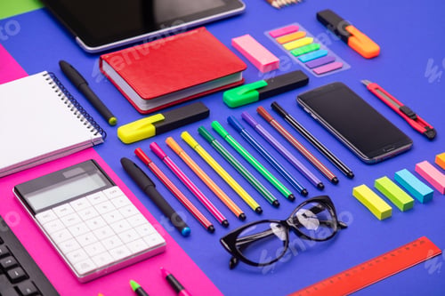 Preview: Top view of business desk composite with smartphone, calculator, stickers, and pens on colorful pink