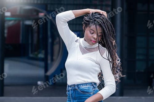 Preview: Portrait smile confident teenager long hair black woman. Black business girl Startup