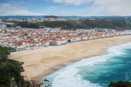 Preview: Aerial view of Nazare City and Praia da Nazare Beach - Nazare, Portugal